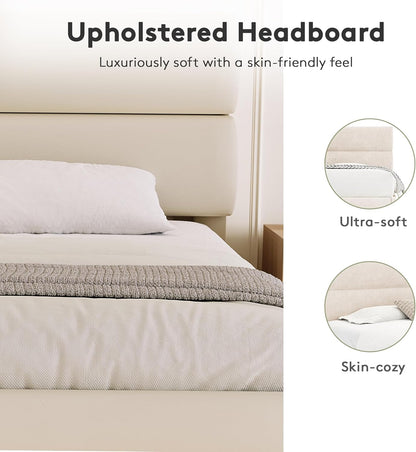 Queen Size Platform Bed Frame with Velvet Headboard, Adjustable Height Wooden Slats Support, Upholstered Mattress Foundation, Fits Mattress or Mattress with Box Spring, Easy Assembly, Beige