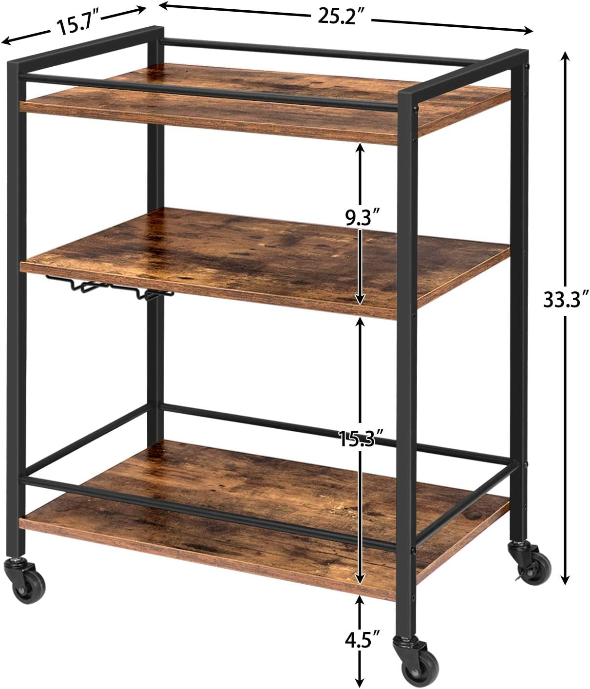 Bar Cart for the Home, Serving Cart with Wine Glass Hooks, Rolling Kitchen Cart with Lockable Wheels, 25.2 X 15.7 X 33.3 Inches Beverage Cart with Storage Shelves, Rustic Brown BF02TC01