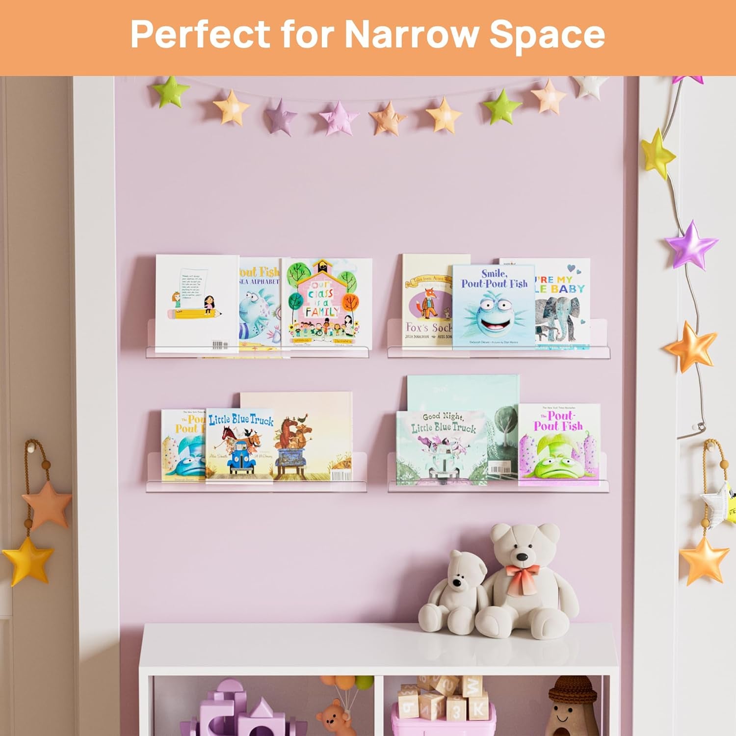 Acrylic Shelves for Bathroom Storage, 15" Floating Shelves Wall Organizer for Perfume, Make Up, Skincare, Kids Bookshelf for Bedroom, Nursery, Living Room Decor, Clear, 4 Pack
