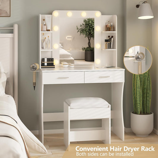 Vanity Desk with Lights,keup Vanity with Power Strip,Dressing Table Set with 2 Large Drawers,Vanity Mirror 3 Lighting Color Adjustable,White
