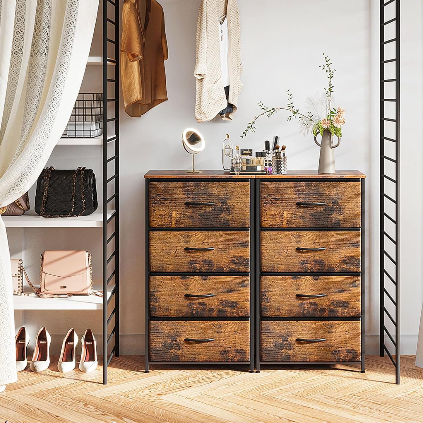 Dresser for Bedroom with 4 Storage Drawers, Small Dresser Chest of Fabric Drawers with Sturdy Steel Frame, Wood Top, Vintage