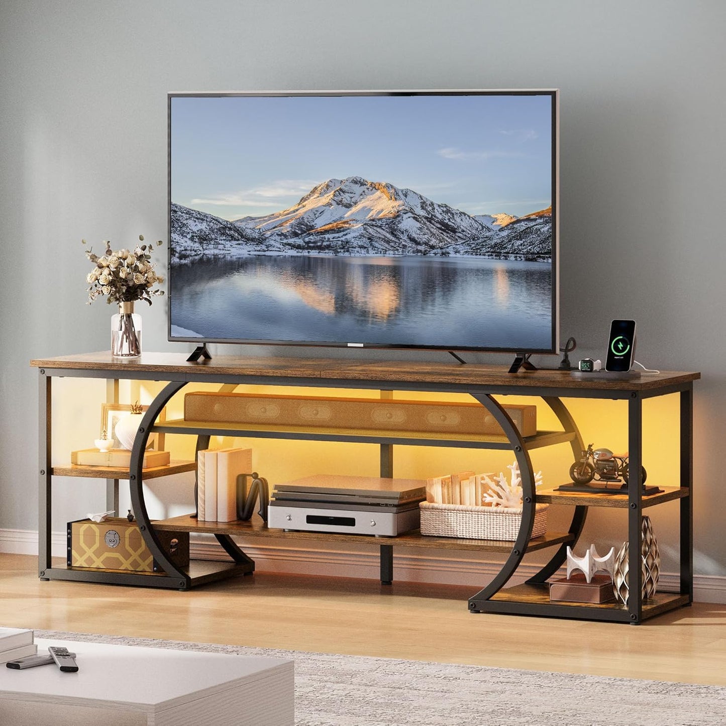 TV Stands for Living Room, LED Entertainment Center with Storage, TV Stand for 70 Inch TV,TV Console Cabinet with Power Outlets, Rustic Brown