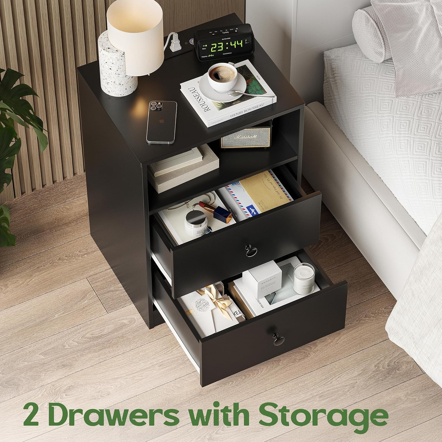 LED Wood Night Stand with Charging Station, Black Nightstand Bedside Table with 2 USB Ports & Outlets, Nightstands with 2 Large Drawers, End Side Table Dresser with Storage Shelf for Bedroom.