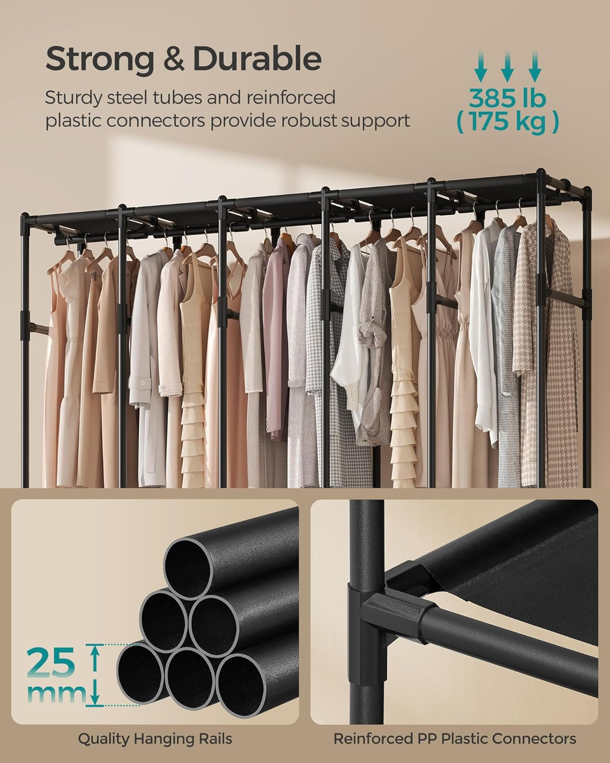 Wardrobe Closet, 83.5 Inch Large Capacity Portable Closet, Clothing Rack, 25 Mm Dia,Thick Steel Tubes, Clothes Organizer with Fabric Cover, 5 Hanging Rails, 10 Shelves, Ink Black URDR095B01