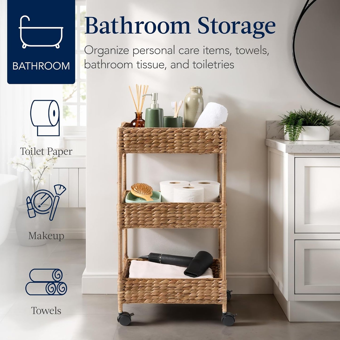 3-Tier Water Hyacinth Rolling Nursery Caddy W/Wheels, Utility Cart, Storage Organization for Bathroom, Craft Room, Laundry Room– Chestnut