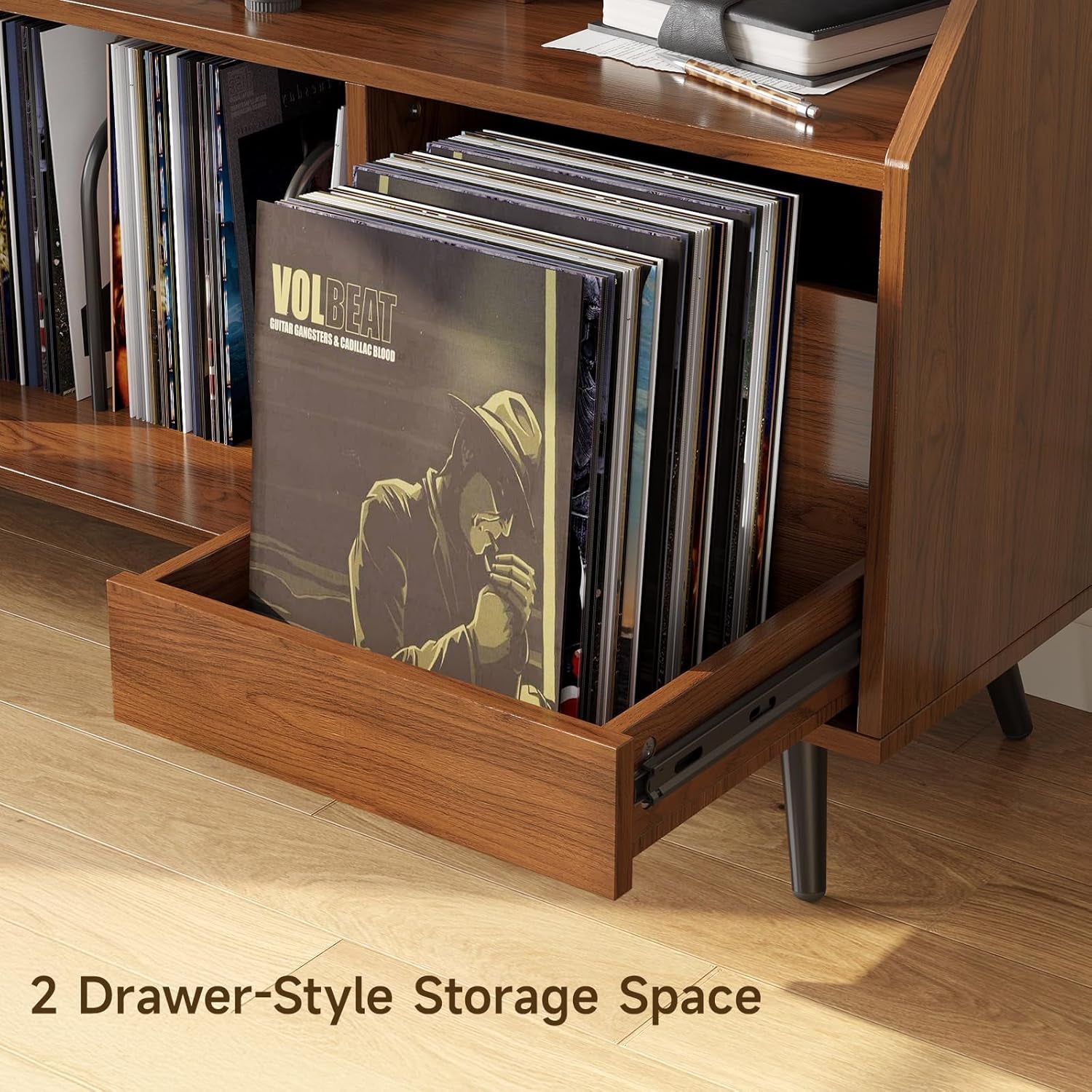 55 Inch Record Player Stand with LED Light, Modern Vinyl Record Storage Cabinet with 2 Drawers & Open Shelves, Holds up to 500 Albums, Turntable Stand W/Charging Station for Living Room Bedroom Walnut