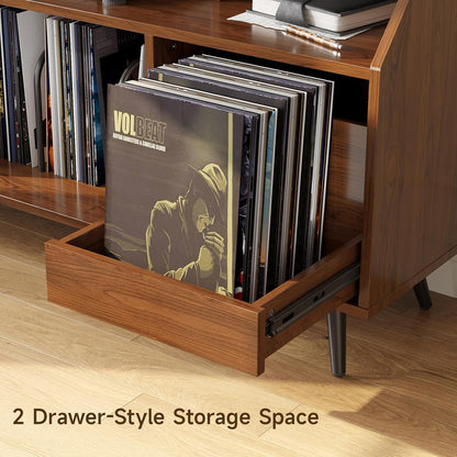 55 Inch Record Player Stand with LED Light, Modern Vinyl Record Storage Cabinet with 2 Drawers & Open Shelves, Holds up to 500 Albums, Turntable Stand W/Charging Station for Living Room Bedroom Walnut