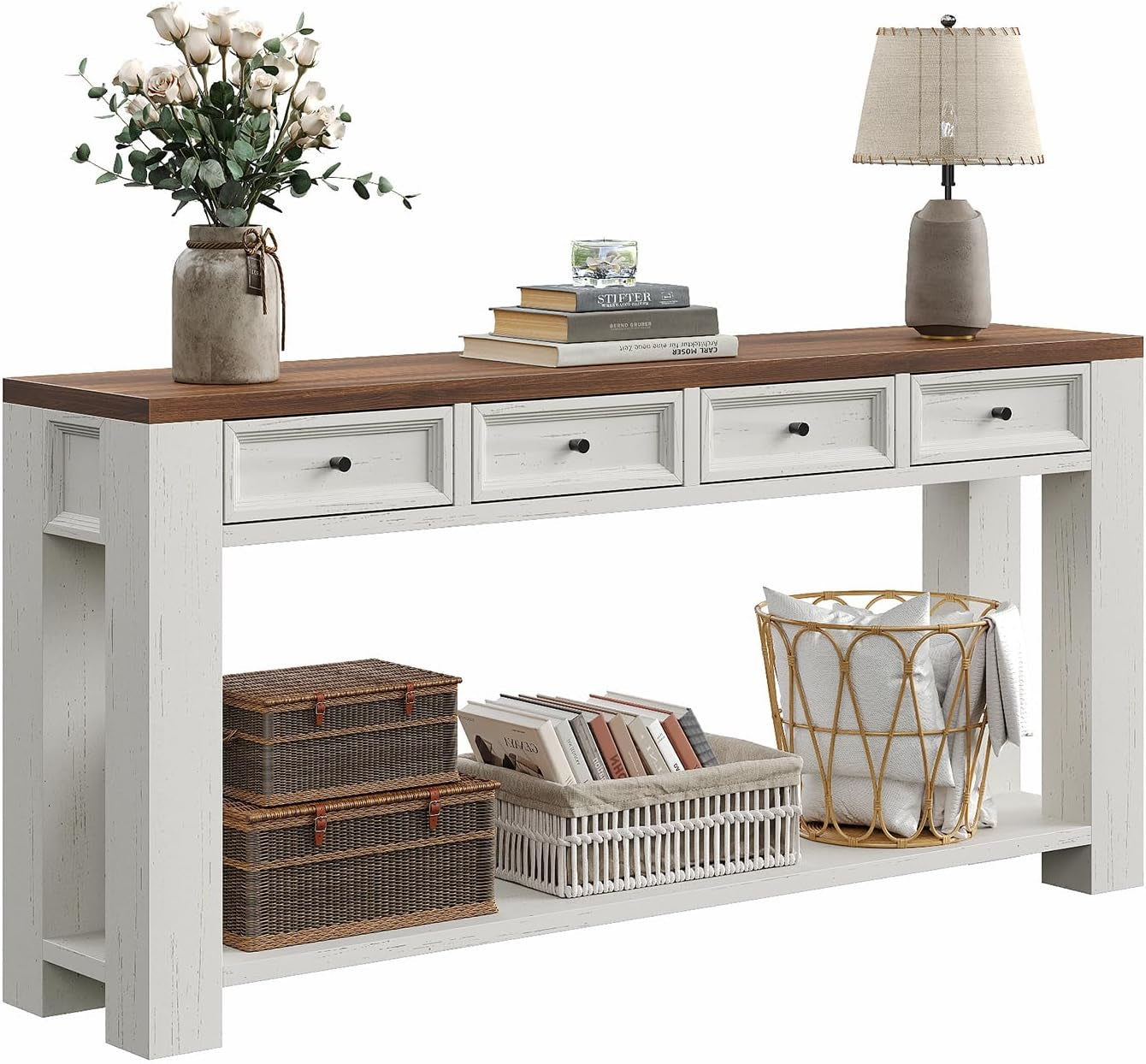 63 Inch Console Table, Sofa Table behind Couch, Entryway Table with 4 Drawers & Open Shelf, Farmhouse Sofa Table for Living Room (White)