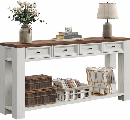 63 Inch Console Table, Sofa Table behind Couch, Entryway Table with 4 Drawers & Open Shelf, Farmhouse Sofa Table for Living Room (White)