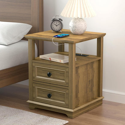 24" Tall Nightstand with Charging Station, Double 18W Fast Charge End Table, Large 18” Bedside Table with Drawers,Rustic Wood Storage Cabinet with Open Shelf for Bedroom,Natural