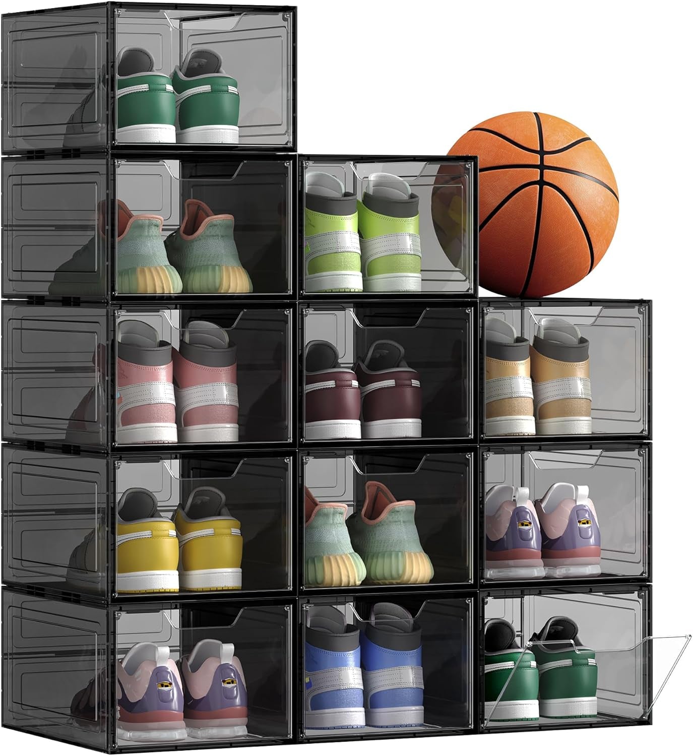 Shoe Boxes, Clear Shoe Organizers, Set of 12, Plastic Shoe Storage with Clear Door, Easy Assembly, up to US Size 13, Transparent White ULSP032W12
