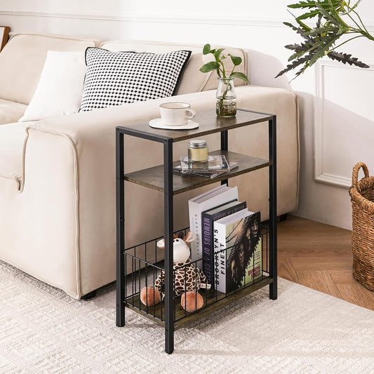 Narrow Side Table with Storage Basket, Small End Table for Small Spaces Skinny Side Tables Living Room Bedroom, Slim Nightstand 3 Tier Bedside Table Space-Saving for Magazine, Rustic Brown