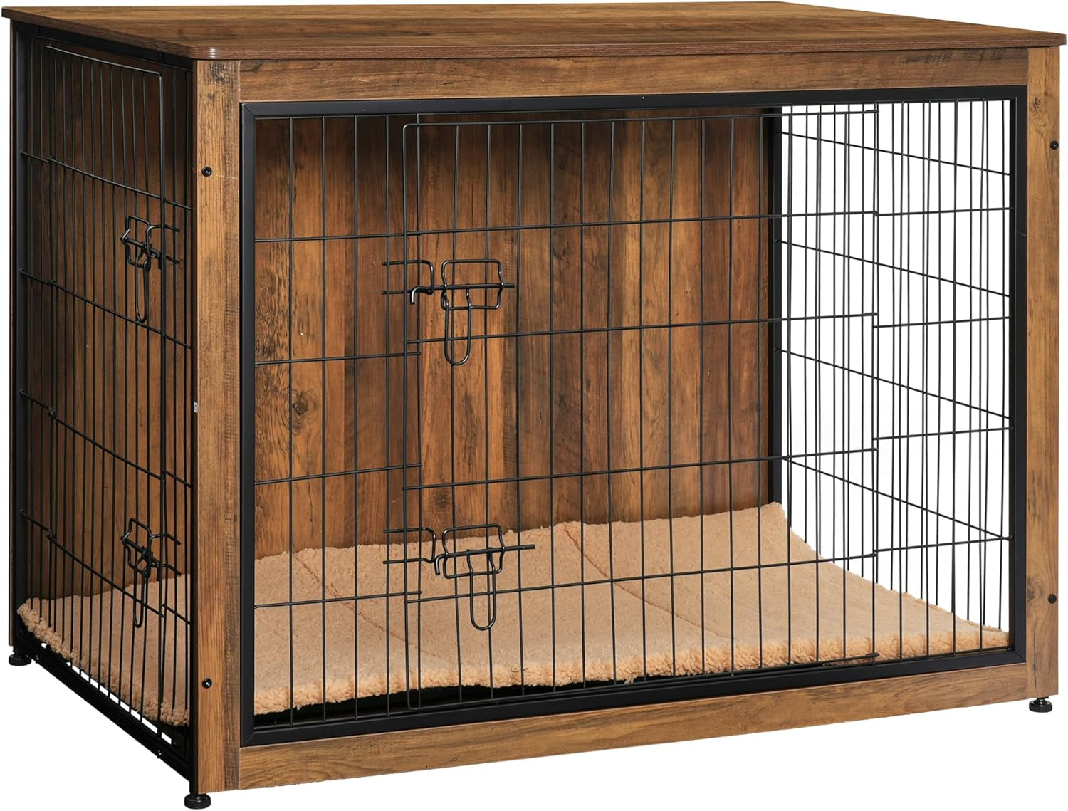 Dog Crate Furniture with Cushion, Wooden Kennel Table with Double Doors, Indoor Dog House, Extra Large, 43.3" L, Warm Brown