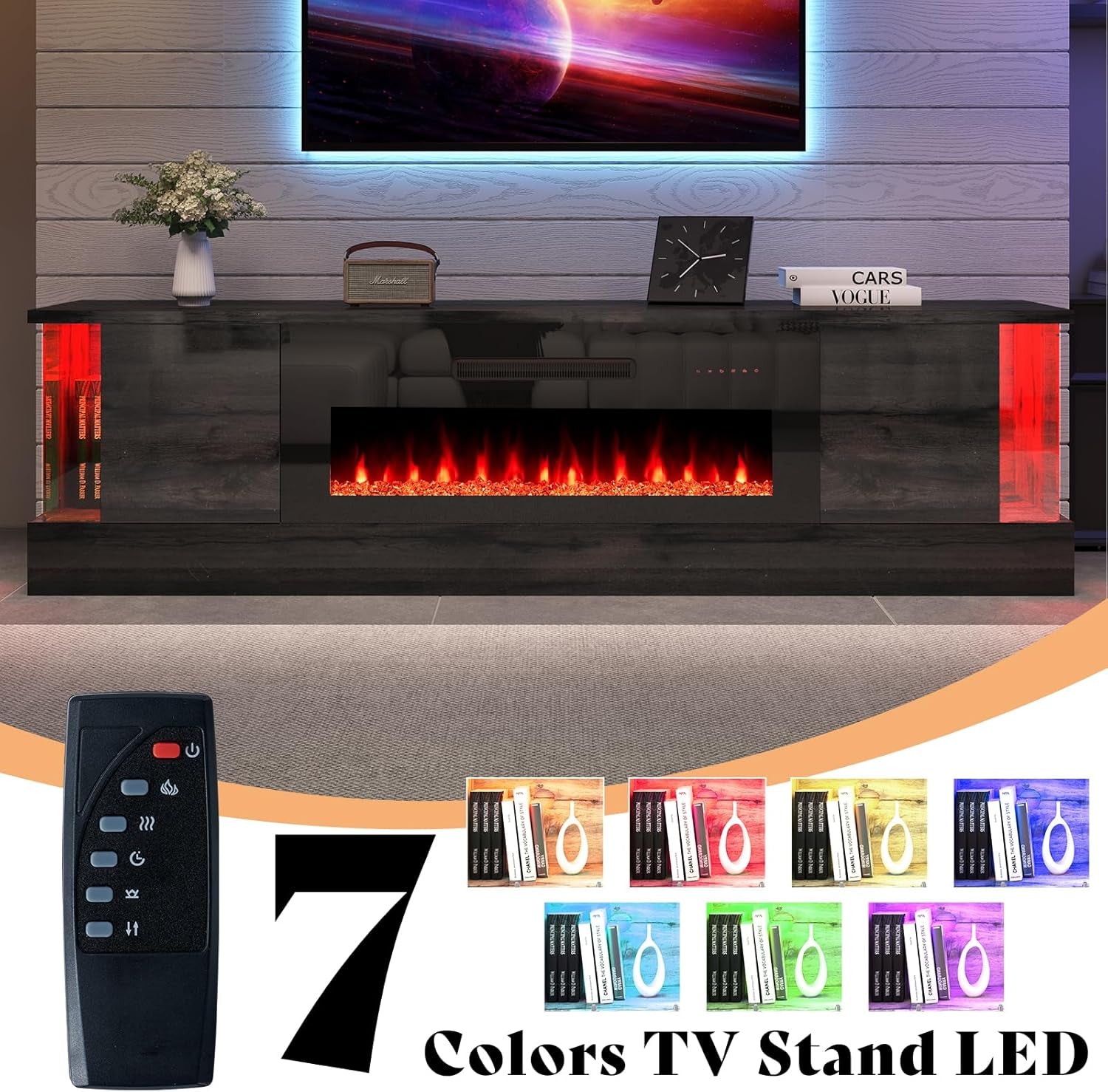 70" Glossy Oak Fireplace TV Stand with 36" Fireplace for Tvs up to 80", LED Lights Entertainment Center with Flip Doors & Corner Glass, Modern TV Console Table, Living Room, Black