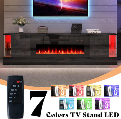 70" Glossy Oak Fireplace TV Stand with 36" Fireplace for Tvs up to 80", LED Lights Entertainment Center with Flip Doors & Corner Glass, Modern TV Console Table, Living Room, Black