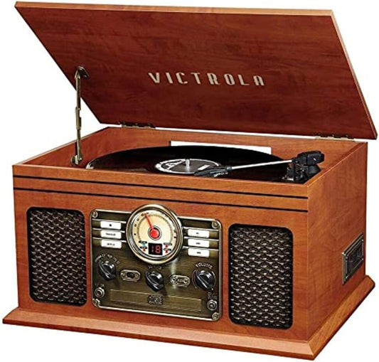 the Quincy 6-In-1 Bluetooth Record Player & Multimedia Center with Built-In Speakers – 3-Speed Turntable, CD & Cassette Player, AM/FM Radio, Wireless Music Streaming (Mahogony)