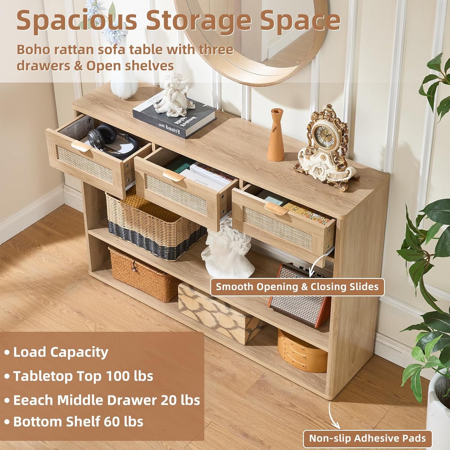 48" Boho Rattan Console Table with 3 Drawers, 3 Tier Wooden Entryway Table with Open Storage Shelf, Narrow Long behind Couch Sofa Tables for Living Room, Hallway, Entrance, Natural Wood