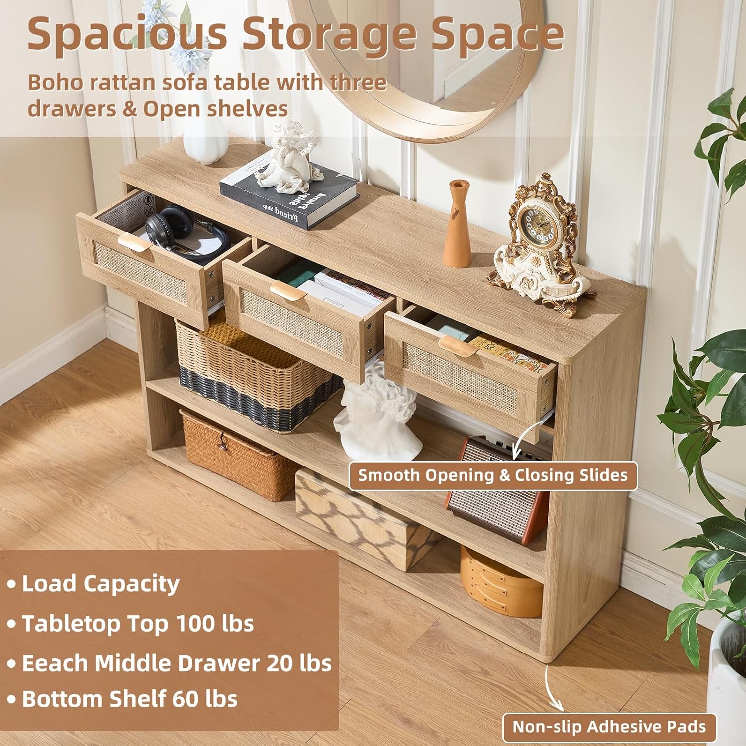 48" Boho Rattan Console Table with 3 Drawers, 3 Tier Wooden Entryway Table with Open Storage Shelf, Narrow Long behind Couch Sofa Tables for Living Room, Hallway, Entrance, Natural Wood