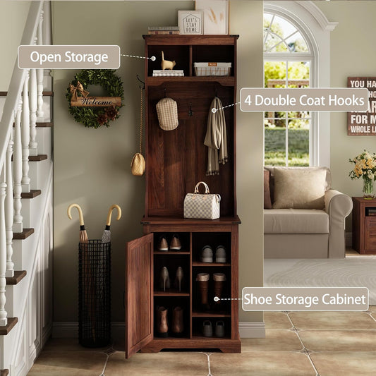Farmhouse Narrow Coat Rack with Shoe Storage, 6 Shoe Cubbies & 4 Coat Hooks, Hall Tree with Shoe Storage, Entryway Bench with Adjustable Shelves for Hallway, Living Room, Mudroom, Brown