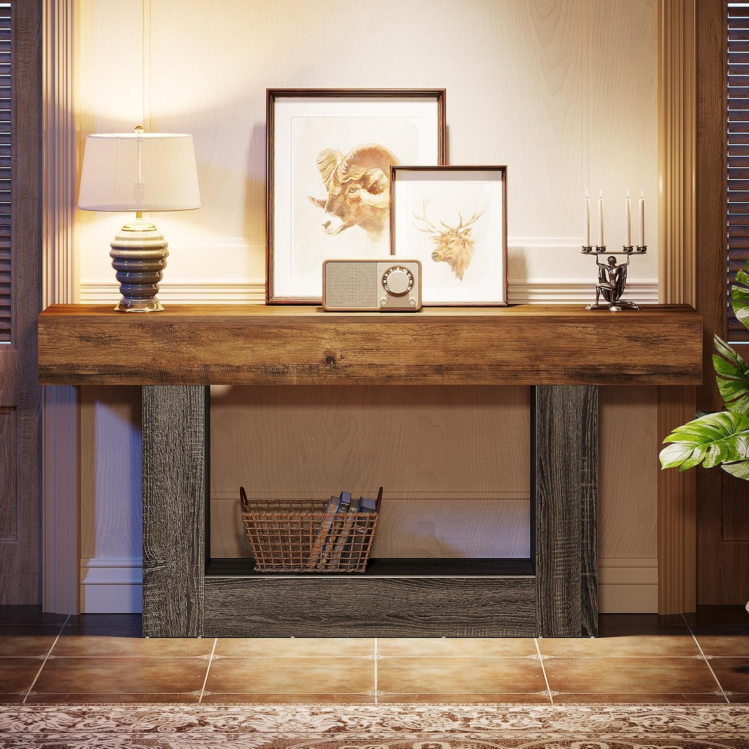 63" Console Table, Farmhouse 2-Tier Entryway Table with U-Shaped Base, Narrow Long Wood Sofa Table behind Couch Table for Living Room, Hallway, Foyer, Vintage Brown & Gray