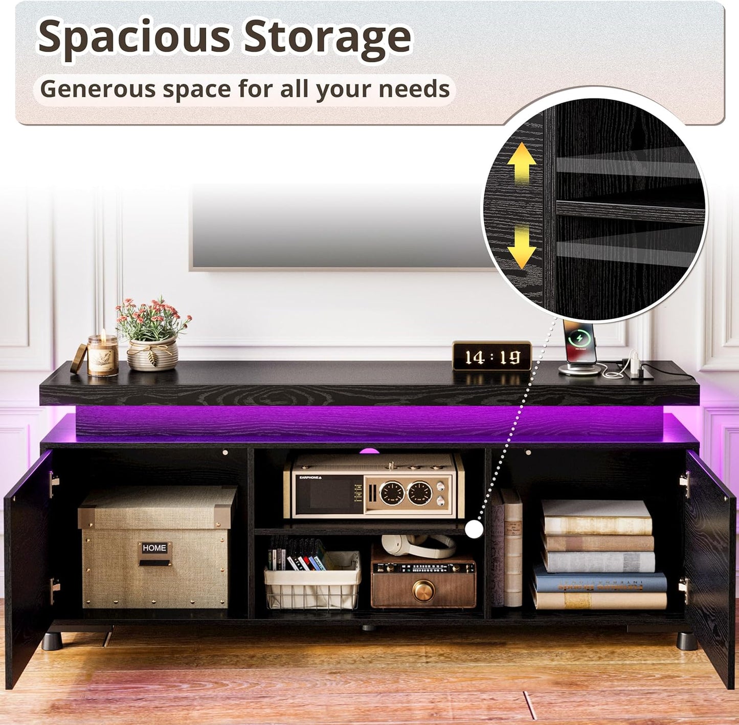 TV Stands for Tvs 65+ Inch with LED Lights and Power Outlet, Modern TV Console Entertainment Center with Storage Cabinet for Living Room