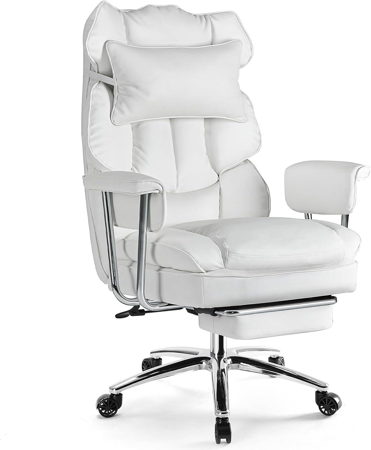 Executive Home Office Desk Chair - Ergonomic Big Tall High Back with Footrest & Lumbar Support, Reclining Height Adjustable, Comfy PU Leather Computer Gaming with Swivel Wheels, White