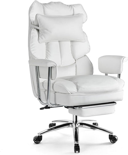White ergonomic executive office chair with footrest and lumbar support