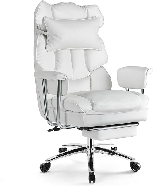 Executive Home Office Desk Chair - Ergonomic Big Tall High Back with Footrest & Lumbar Support, Reclining Height Adjustable, Comfy PU Leather Computer Gaming with Swivel Wheels, White