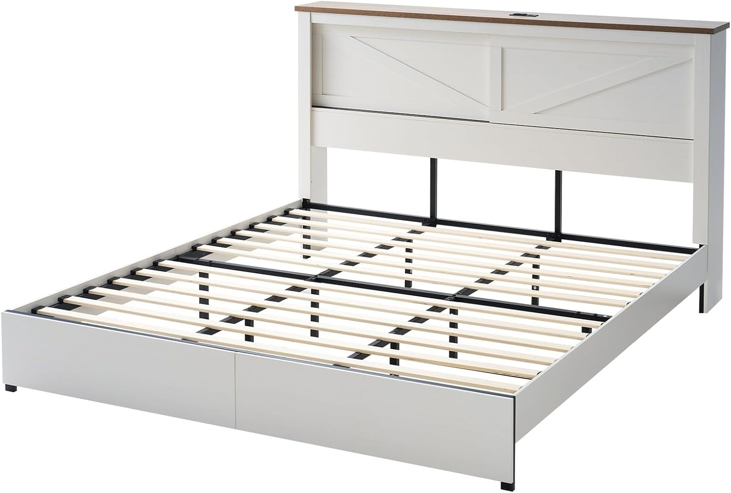 King 47.2" H Bed Frame with Hidden Space Bookcase Headboard and Charging Station, Beds with 2 Storage Drawers and Wood Slats, No Box Spring Needed, White & Barnwood