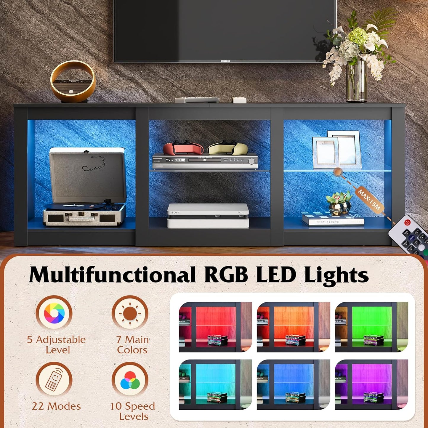 LED TV Stand for 65 Inch TV, Modern Entertainment Center with Adjustable Glass Shelves & Customizable LED Lights, Sturdy Media Console for Living Room, Bedroom,Gaming (Black)