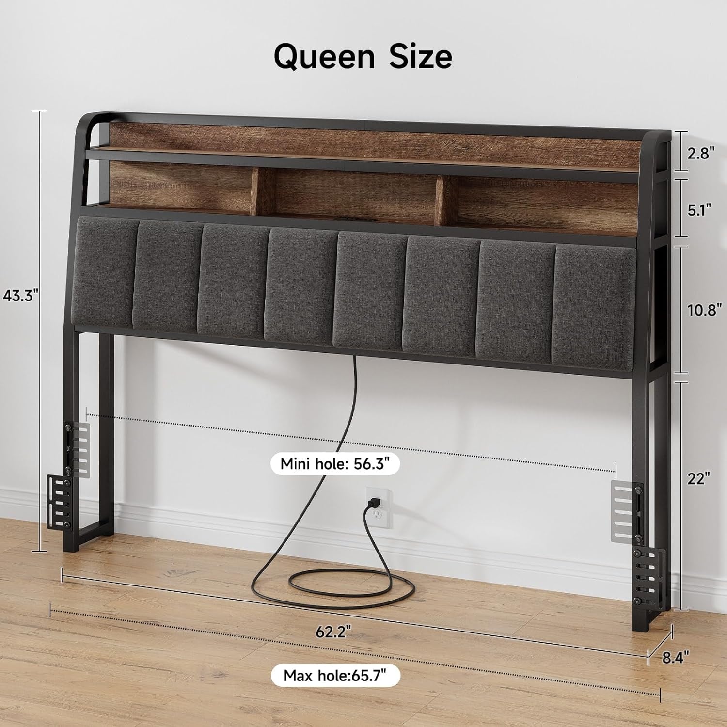 Ergonomic Headboard for Queen Size Bed with 2-Tier Storage, Upholstered Headboards with Outlets, USB Ports, LED Light, Queen Head Board Only, Height Adjustable, Sturdy and Stable, Black & Brown