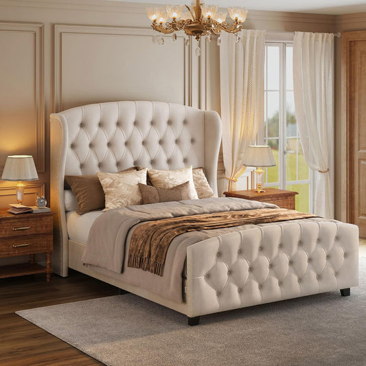 Queen Bed Frame with Tall Headboard, Upholstered Platform Bed Frame Queen Size, with Wingback Tufted Headboard and Footboard, Wooden Slats, No Box Spring Needed, Cappuccino Beige URMB881W01