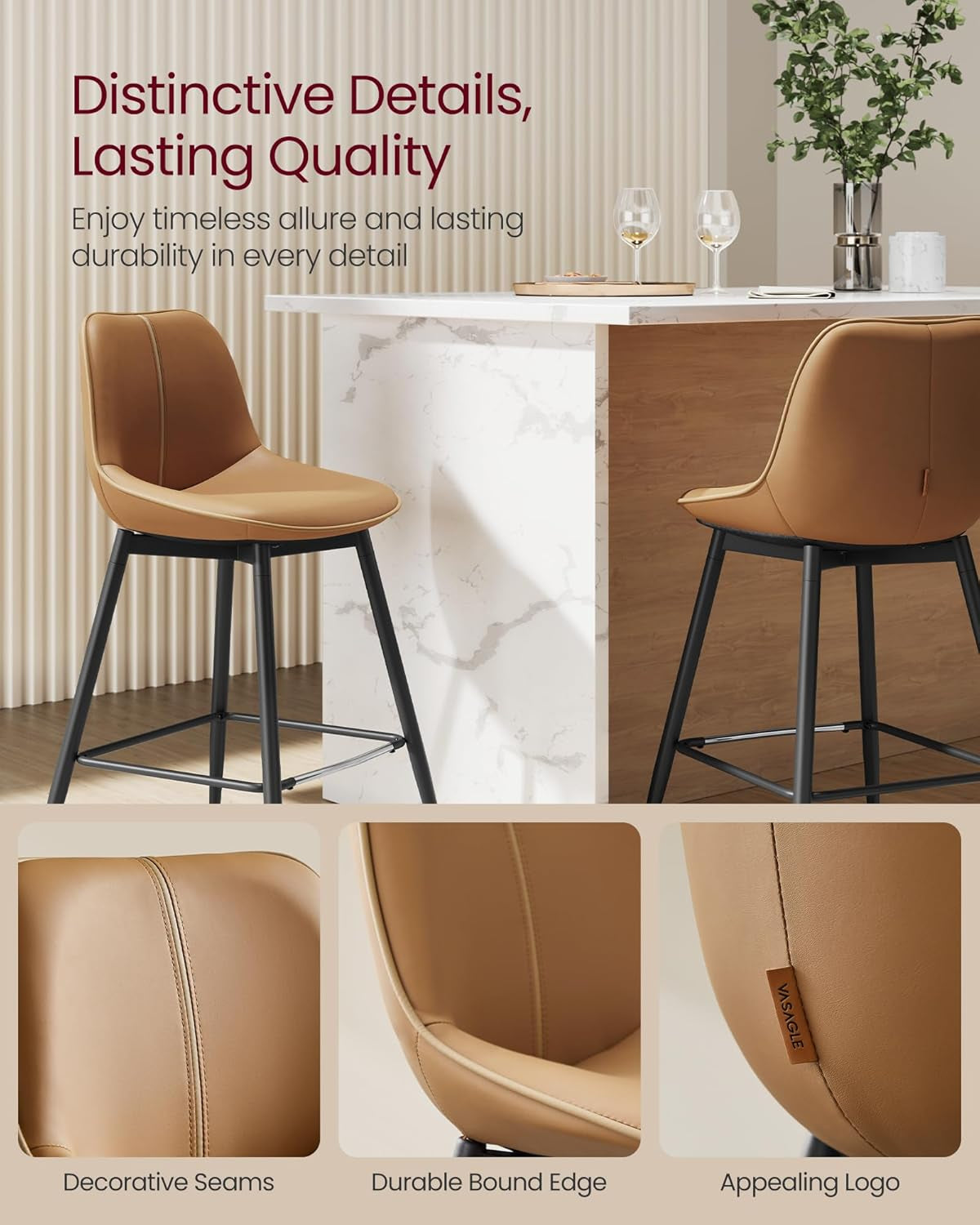 Bar Stools Set of 2, Counter Height Bar Stools with Back, Ergonomic Backrest, Synthetic Leather, Metal Legs, 24.4-Inch Tall Barstools for Kitchen Island Home Bar, Easy Assembly, Caramel Brown