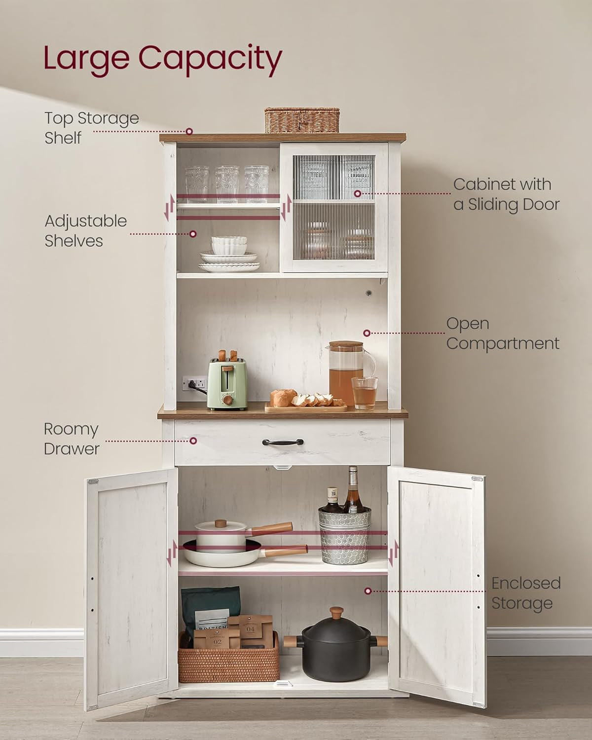 71" Kitchen Pantry Cabinet with Lights and Charging Station, Coffee Bar Cabinet with Doors and Drawer, Farmhouse Style, Adjustable Shelves, Cloud White UBBK363W11