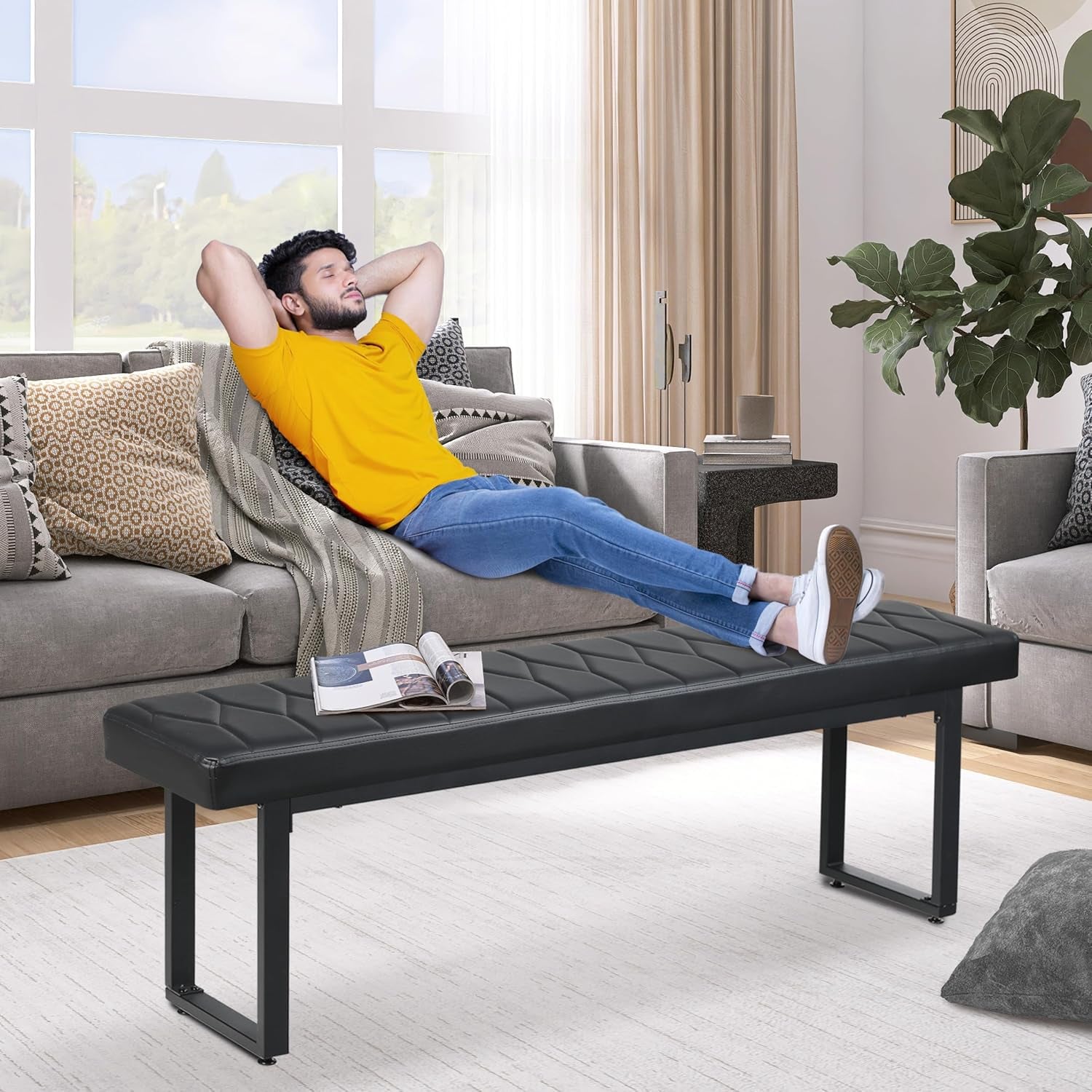 58” Padded Dining Table Bench Pair of 2 for 6-8 Person, Faux Leather Indoor Cushioned Extra Long Bench for Dining Room Table, Bedside Shoe Entryway Benches (Black, 58")