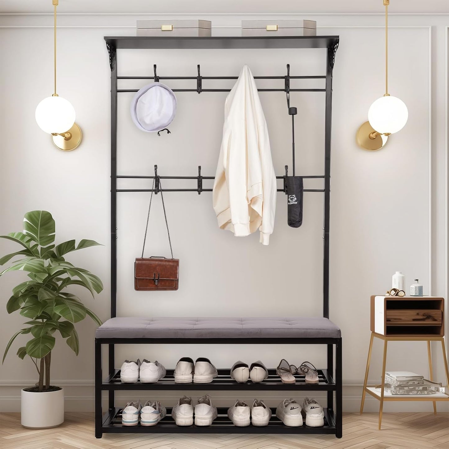 4-In-1 Entryway Hall Tree with Bench & Shoe Storage, 39.3" Multifunctional Coat Rack Organizer for Mudroom, Entryway Furniture with Adjustable Cushion, 400 Lb Weight Capacity.
