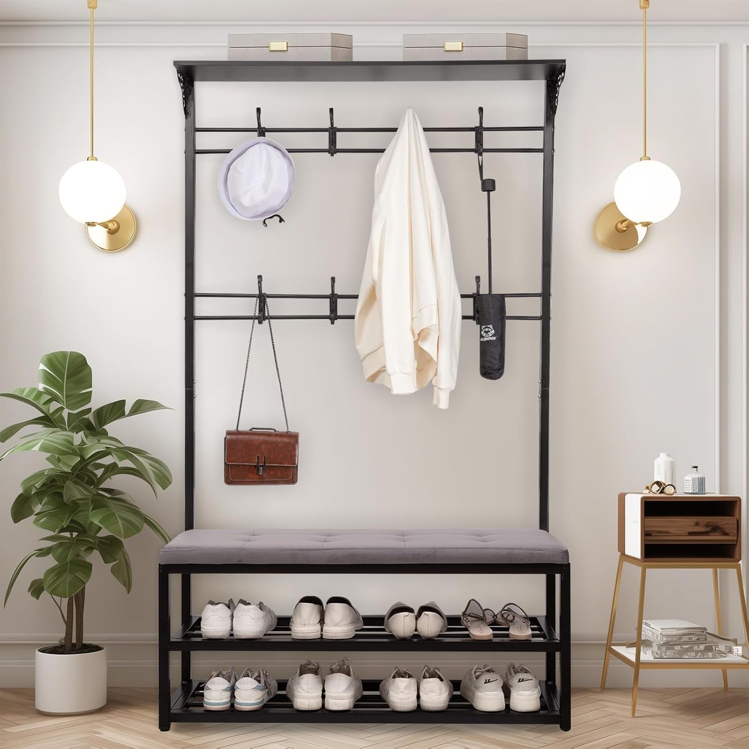 4-In-1 Entryway Hall Tree with Bench & Shoe Storage, 39.3" Multifunctional Coat Rack Organizer for Mudroom, Entryway Furniture with Adjustable Cushion, 400 Lb Weight Capacity.