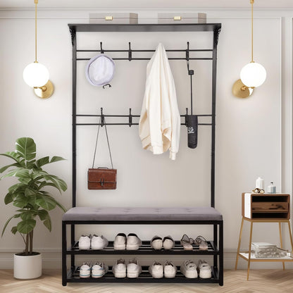 4-In-1 Entryway Hall Tree with Bench & Shoe Storage, 39.3" Multifunctional Coat Rack Organizer for Mudroom, Entryway Furniture with Adjustable Cushion, 400 Lb Weight Capacity.