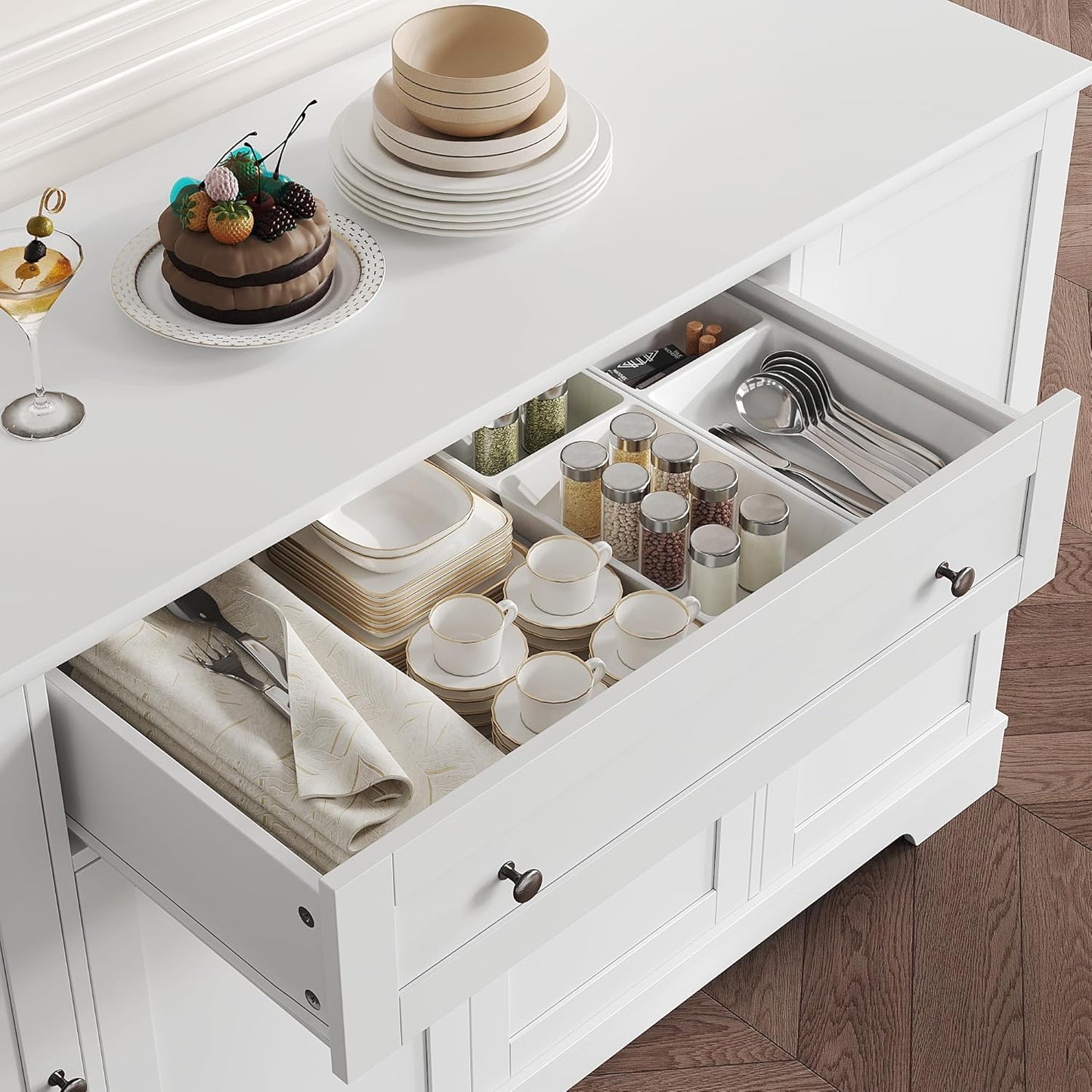 54" Buffet Cabinet with Storage, Modern Kitchen Buffet Sideboard with Drawer, Wood Coffee Bar Station with Adjustable Shelves, Kitchen Storage Cabinet for Living Room, White