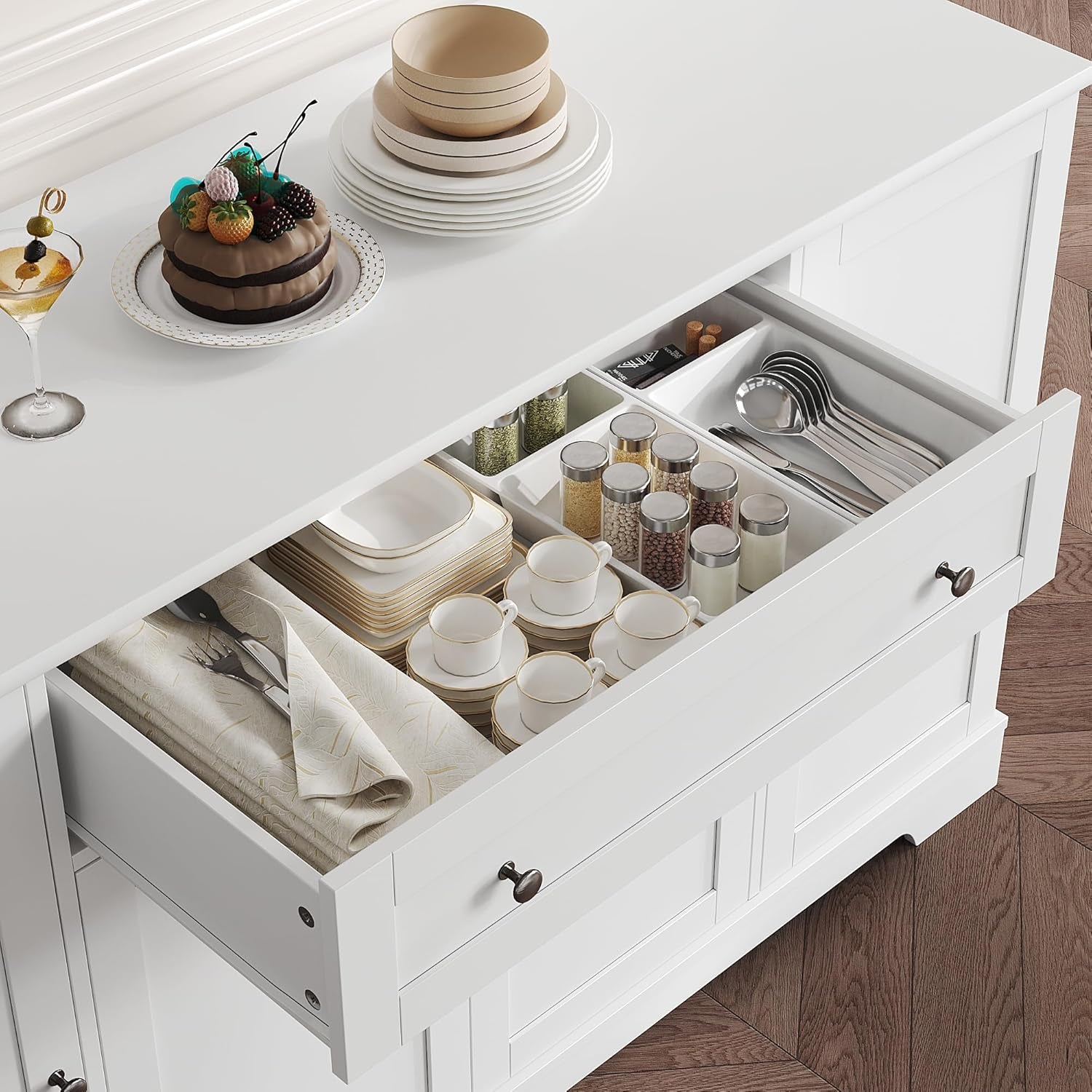 54" Buffet Cabinet with Storage, Modern Kitchen Buffet Sideboard with Drawer, Wood Coffee Bar Station with Adjustable Shelves, Kitchen Storage Cabinet for Living Room, White