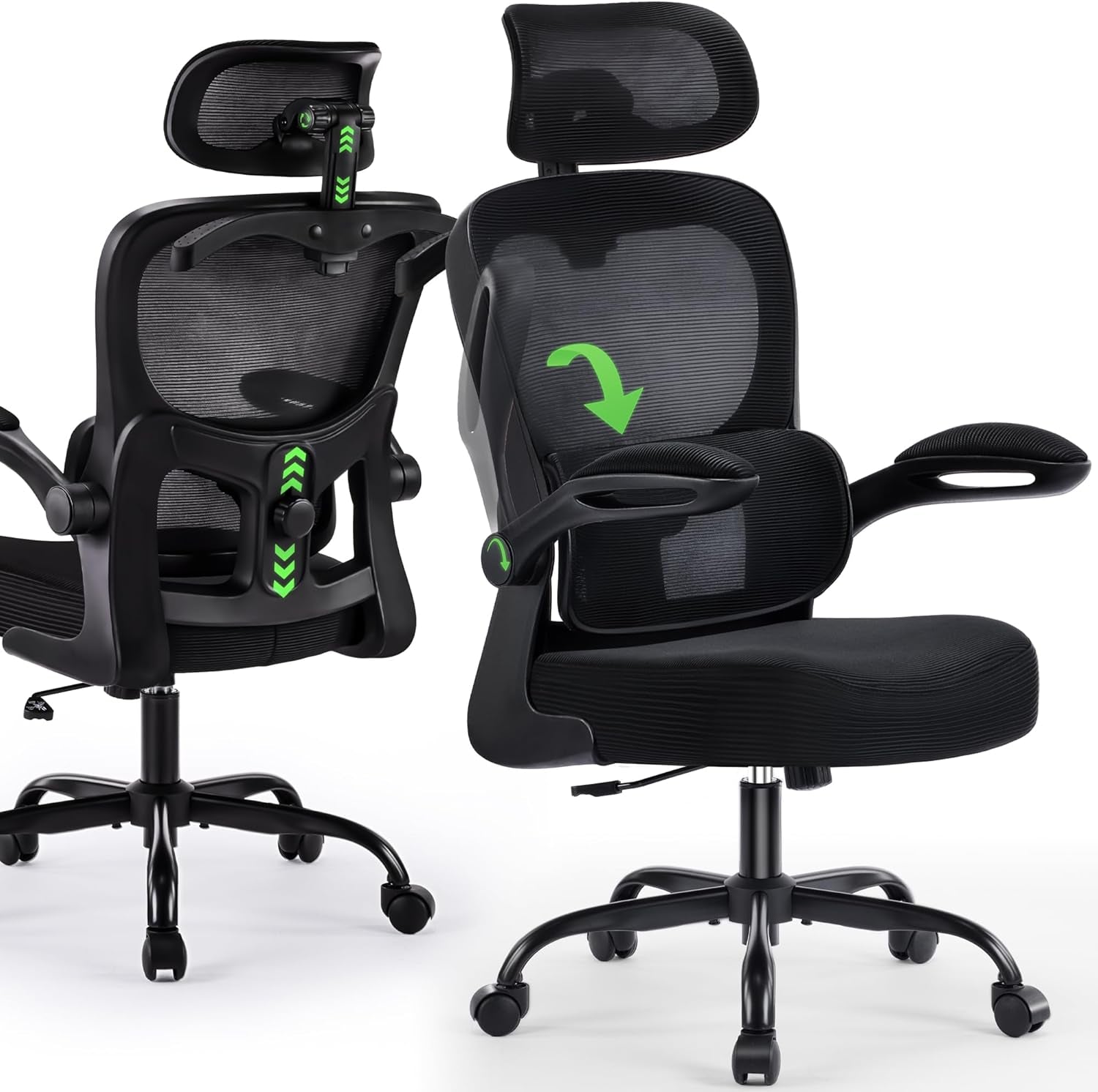 Office Chair Ergonomic Desk Chairs with Adjustable Lumbar Support& Headrest Hanger, High Back Breathable Mesh Chair with Wheels, Rolling Swivel Comfy Task Computer Chair for Home Work Gaming