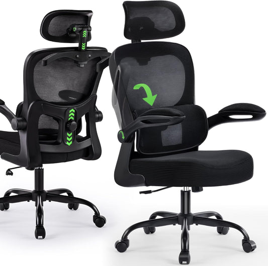 Office Chair Ergonomic Desk Chairs with Adjustable Lumbar Support& Headrest Hanger, High Back Breathable Mesh Chair with Wheels, Rolling Swivel Comfy Task Computer Chair for Home Work Gaming
