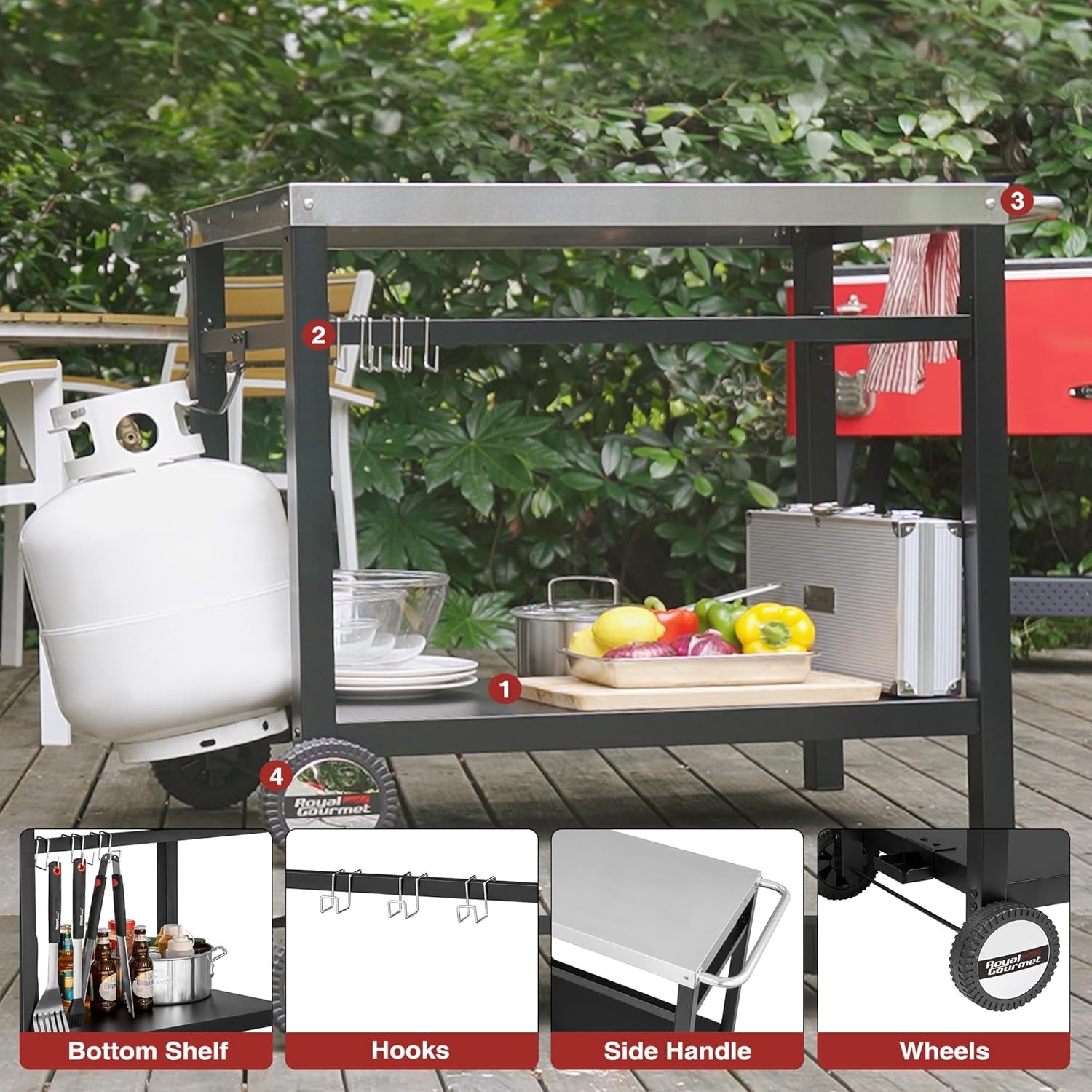 Dining Cart Table with Double-Shelf, Movable Stainless Steel Flattop Grill Cart, Hooks, Side Handle, Multifunctional PC3401S (Silver)