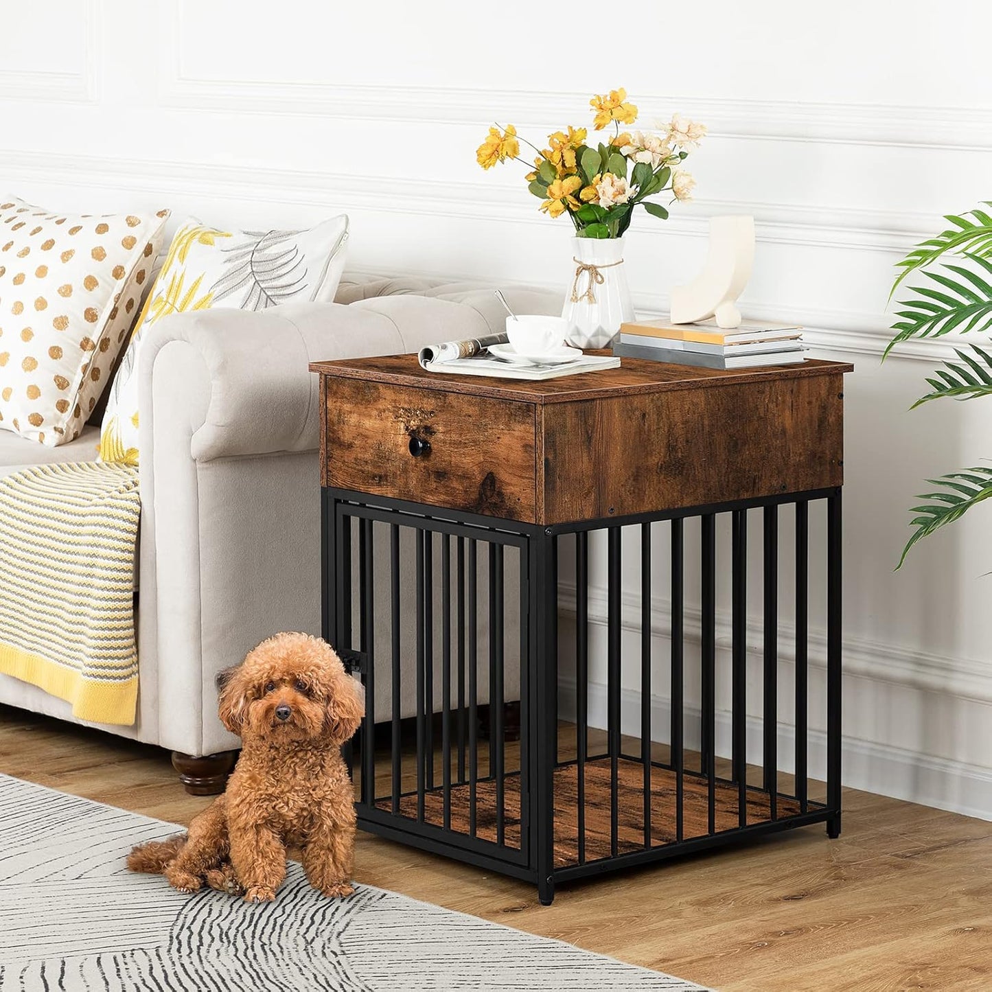 Dog Crate Furniture, Wooden Dog House, Decorative Dog Kennel with Drawer, Indoor Pet Crate End Table for Small Dog, Steel-Tube Puppy Cage, Chew-Proof, Rustic Brown and Black BF01GW03