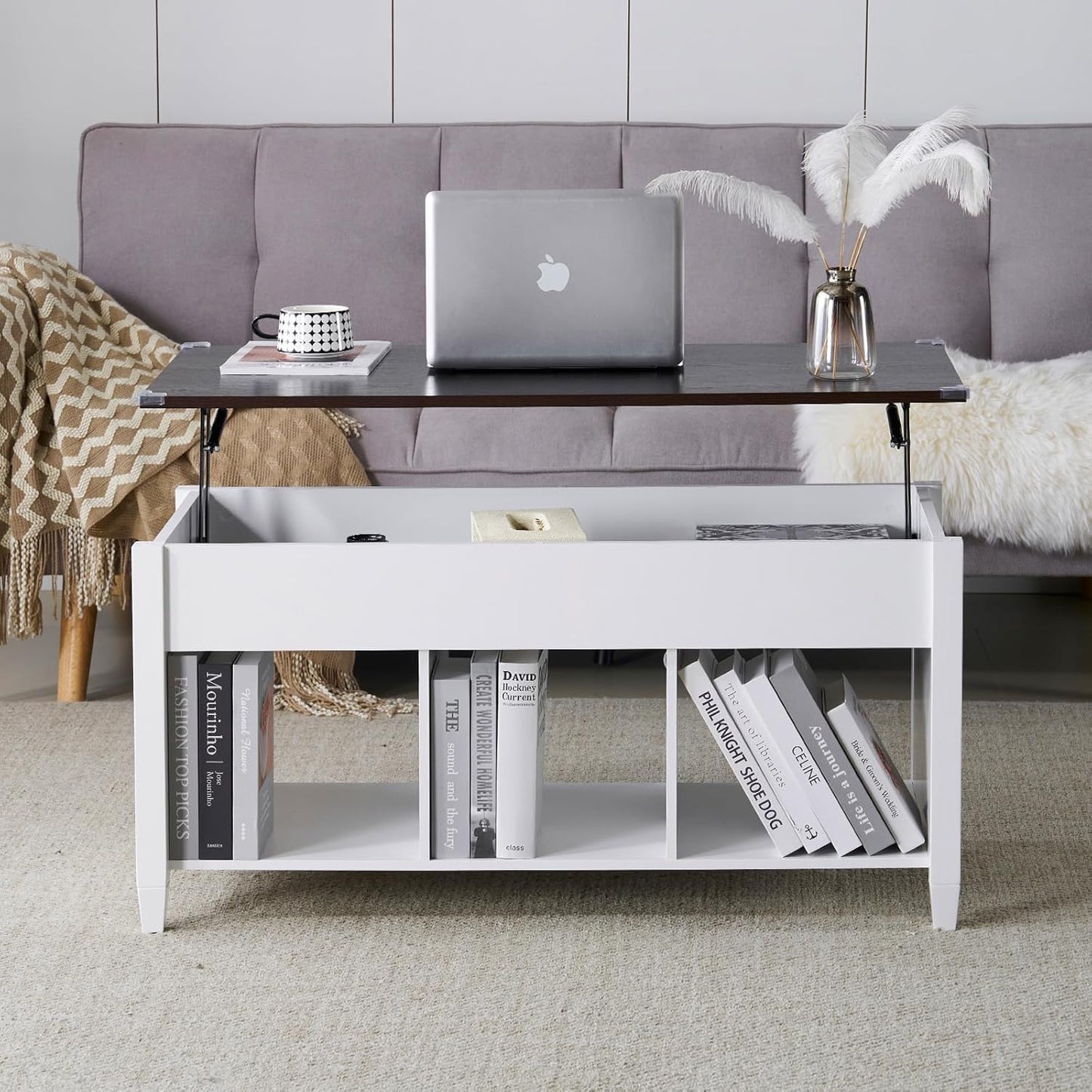 Farmhouse Lift Top Coffee Table, Rustic Grey with Storage Shelf/Hidden Compartment, Mesa De Centro Para Sala, Rustic Brown (White Brown, 40" L)