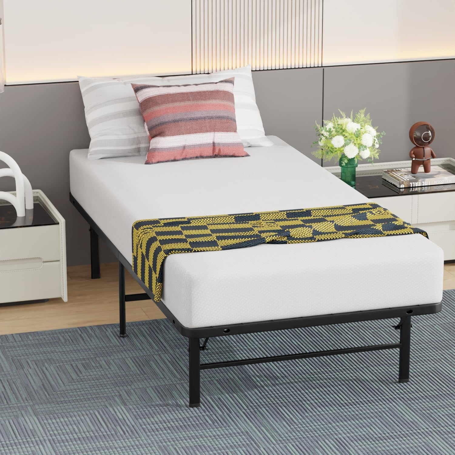 Twin Bed Frame Metal Platform Bed Frame Twin Size 14 Inch Mattress Foundation Box Spring Replacement Heavy Duty Steel Slat Easy Assembly Noise-Free,Black