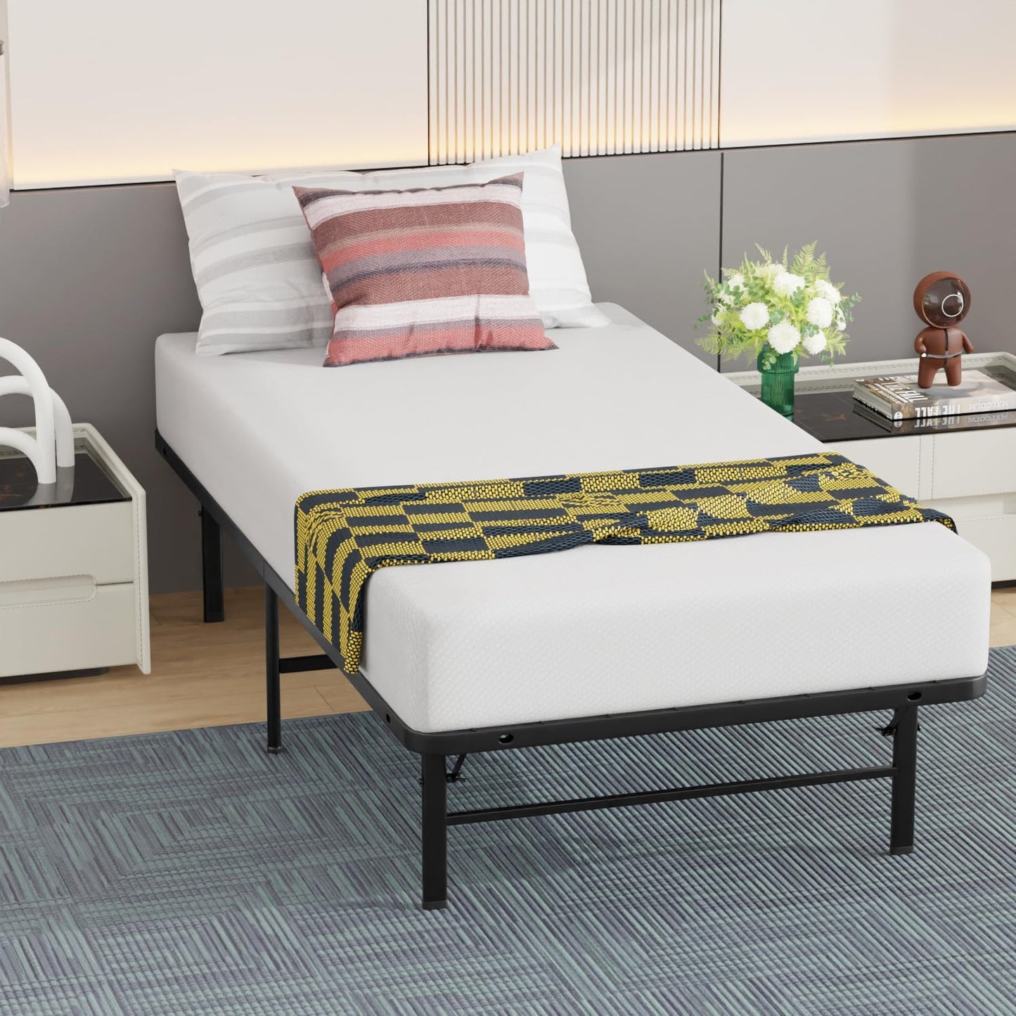 | Twin Bed Frame | Metal | Heavy Duty Steel Slats with 6 Legs | Foldable | Sturdy, No Box Spring Needed | Easy to Assemble with Under-Bed Storage | Furniture for Home, Dorms