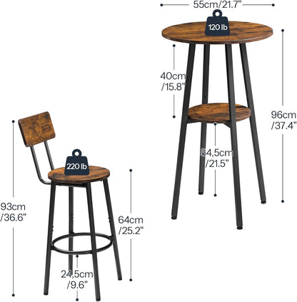 3 Pieces round Bar Height Table and Chairs Set, round Dining Table Set, Pub Table and Chairs for Small Space, 2 Tier Kitchen Table and Bar Stools with Back, Rustic Brown BF35BT01