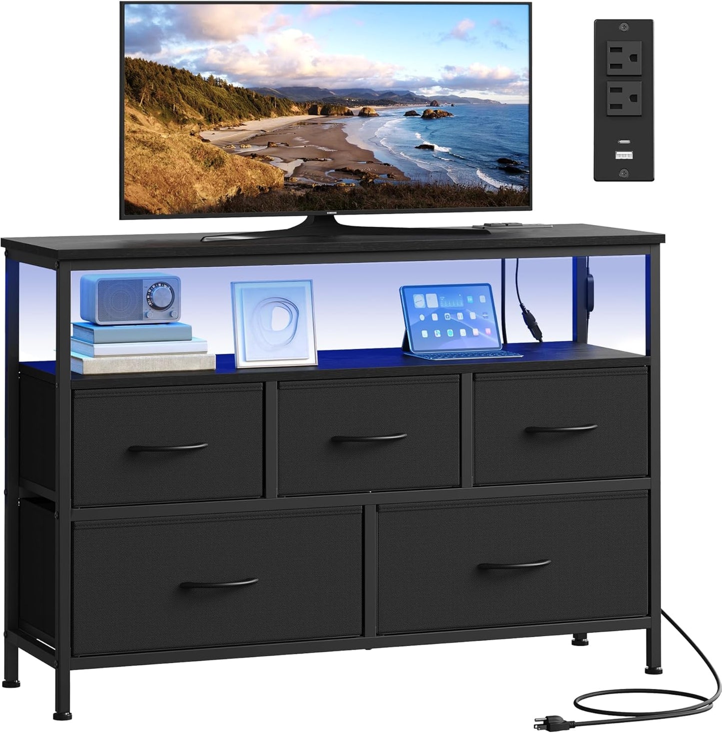 BELLAH Collection - Dresser for Bedroom with App-Controlled LED Lights and Charging Station, Chest of Drawers, TV Stand, 5 Drawers, Shelf, Modern, Ink Black ULGS723BH02S