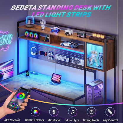 L Shaped Gaming Desk with 6 Drawers, Reversible Computer Office Desk with File Drawer, Hutch, Storage Shelves, Gaming Corner Desk with Led Lights, Power Outlet for Two Person, Rustic Brown